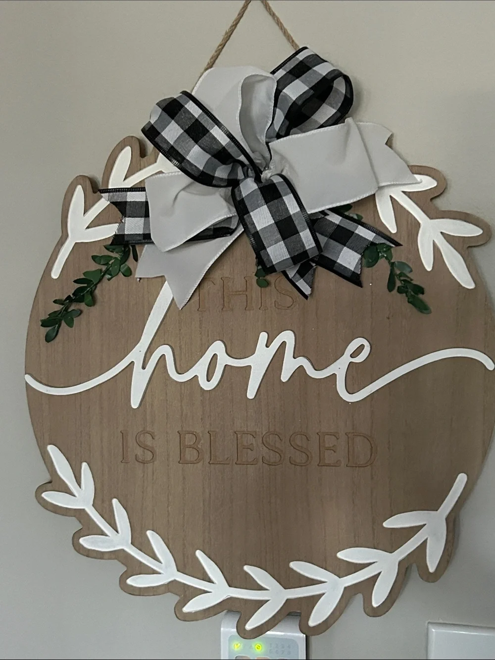 'This Home Is Blessed' Wood Wall Sign with Black Buffalo Check Bow